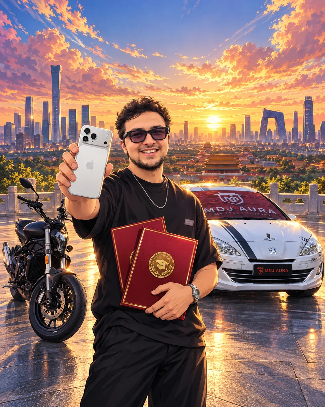 MDJ campaign artwork featuring the scholarship, car, motorcycle and phone prizes