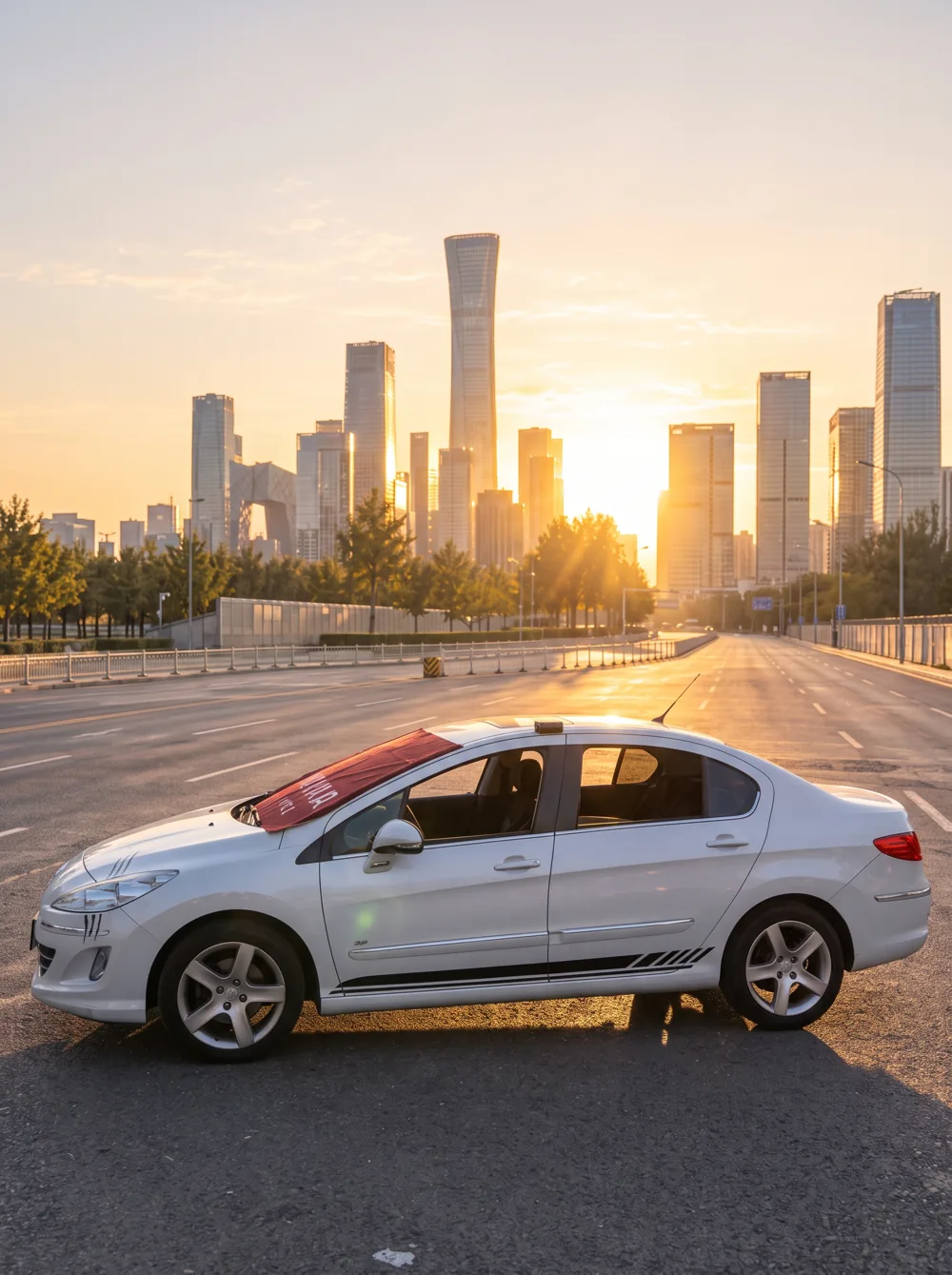 A silver car on a city avenue at sunset