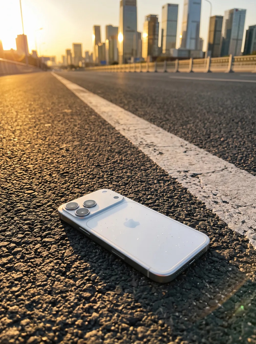 A phone photographed against the city skyline