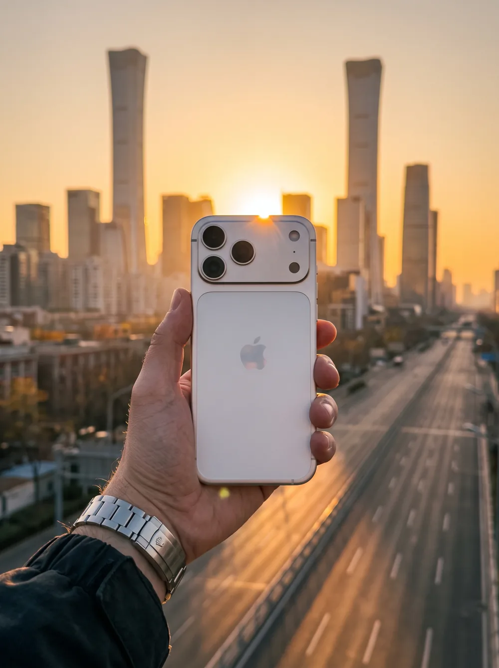 A phone photographed against the city skyline