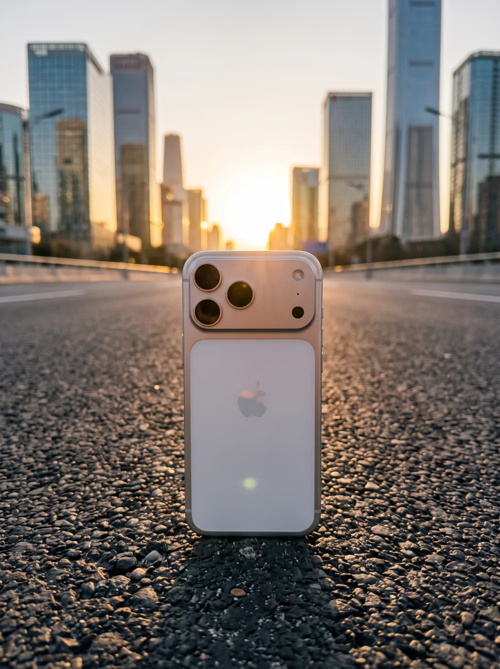 A phone photographed against the city skyline