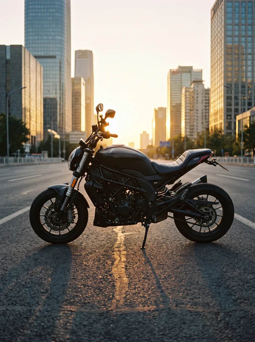 A motorcycle in the city at sunset