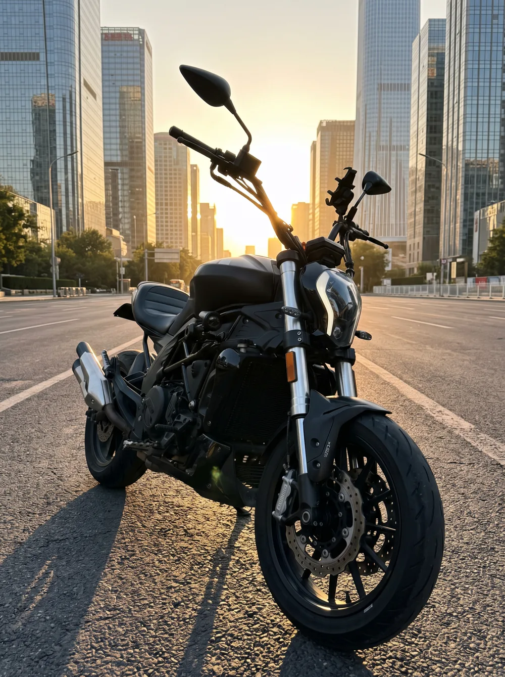 A motorcycle in the city at sunset