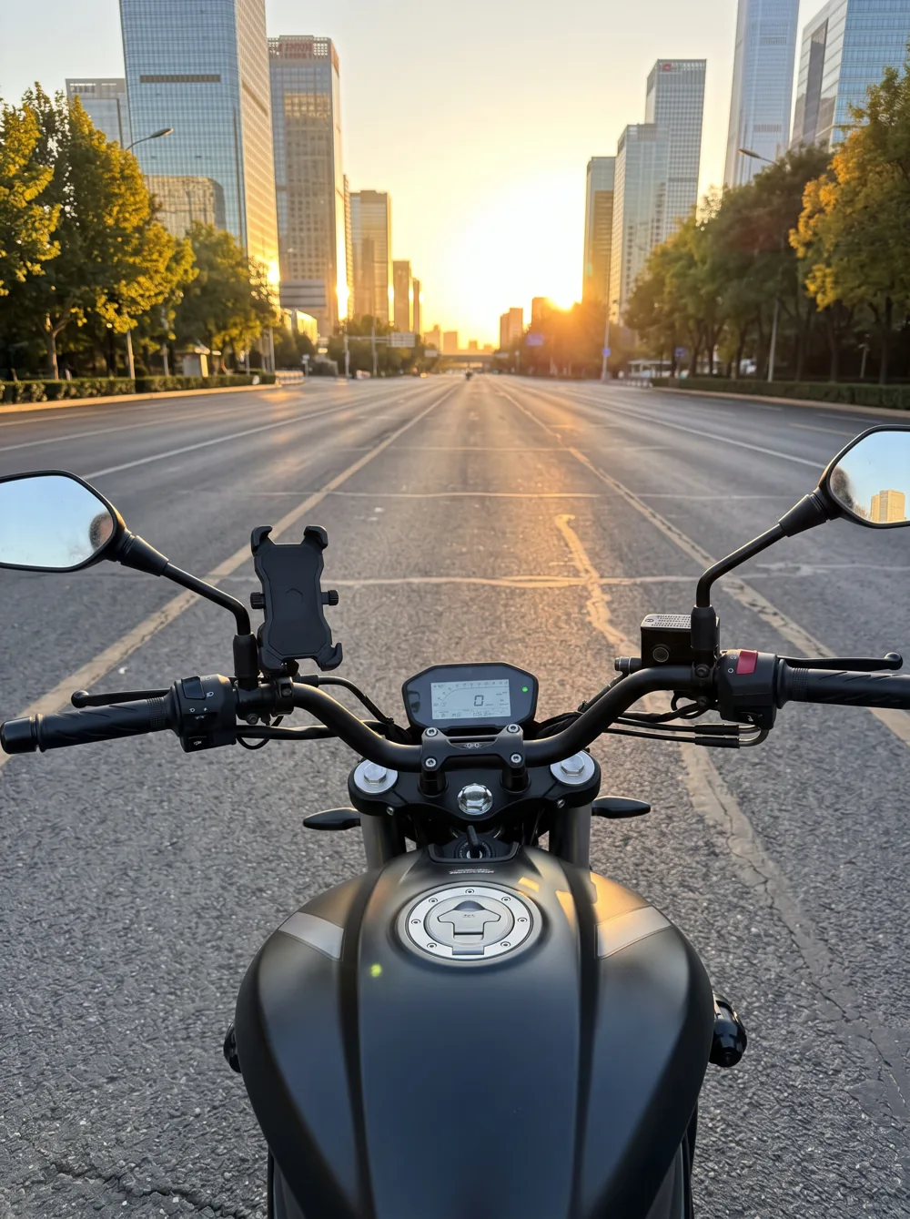 A motorcycle in the city at sunset